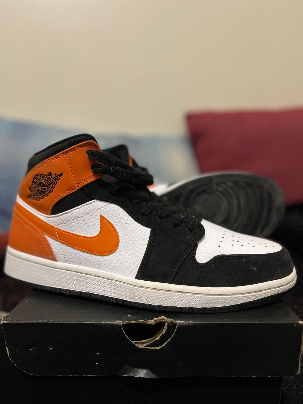 Air Jordan 1 Mid-Top Sneaker in Orange, Black & White